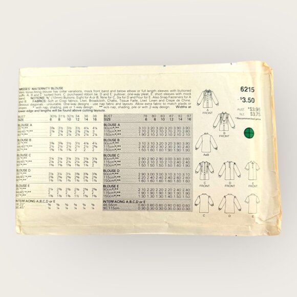 Vintage Butterick Sewing Pattern 6215 Misses Maternity Blouse Size 10 - Picture 2 of 2